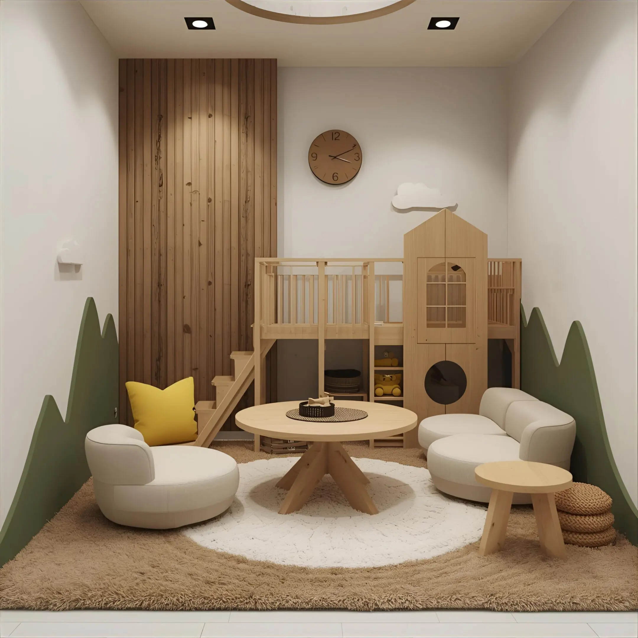 Children's playroom with wooden loft bed.